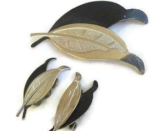 Black Enamel & Silver Tone Leaf Brooch and Earrings Set Vintage