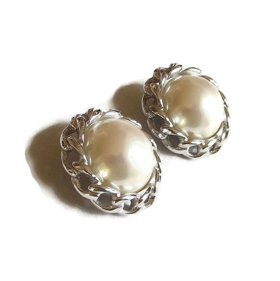 Large White Glass Pearl Button Earrings Encircled… - image 2