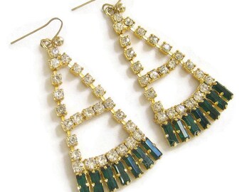 Art Deco style Earrings Emerald Green and Clear Rhinestones Dangle Vintage
