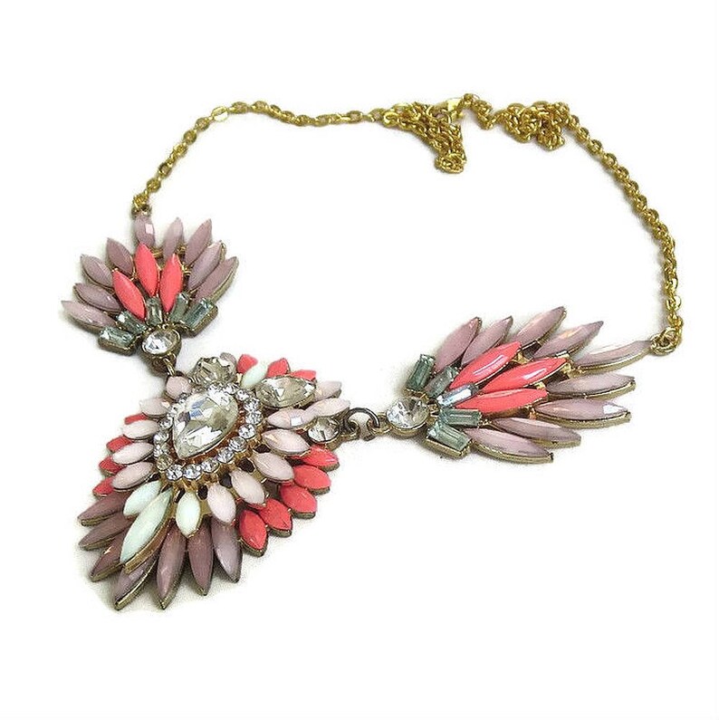 Multi-Color Rhinestone Bib Necklace Vintage Large Rainbow of Pastel Colors