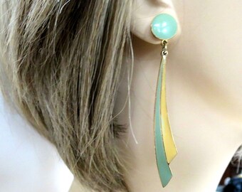 Green & Yellow Enamel Long Dangle Earrings Vintage with Lucite Button