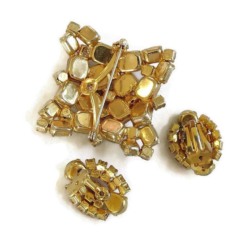 Citrine /& Golden Topaz Rhinestone Brooch and Earrings Set Vintage