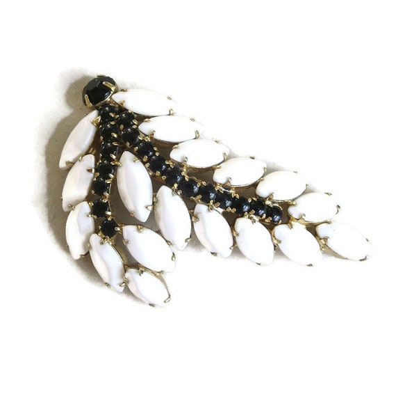 Milk Glass White & Black Rhinestones Leaf Brooch … - image 5