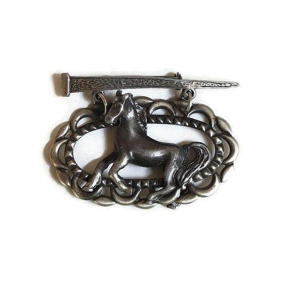 Pewter Dangle Horse Brooch Vintage with Horseshoe… - image 2