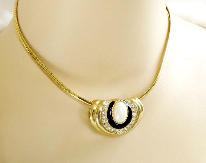 Vintage Slide Necklace Faux Pearl, Black Enamel & Clear Rhinestones
