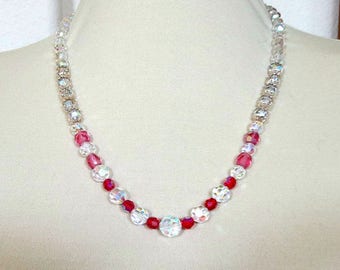 Pink, Red & Clear Crystal Necklace Vintage with Aurora Borealis