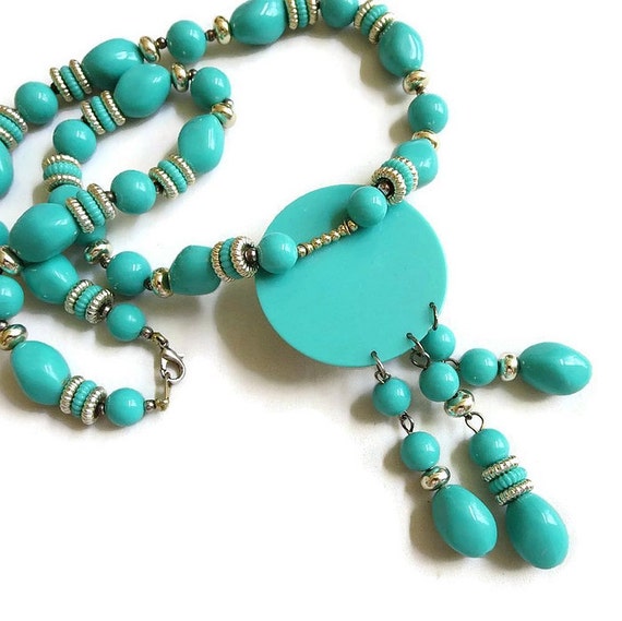 Aqua Blue Pendant Tassel Necklace Vintage Beaded - image 5