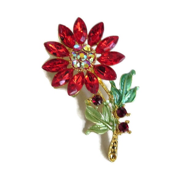 Green Enamel Flower Brooch with Red and Aurora Bo… - image 2