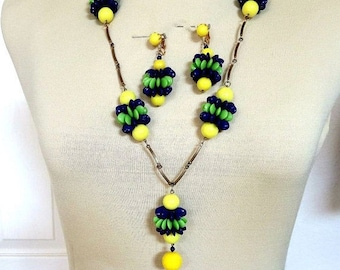 Glass Beads with Lucite Necklace and Earrings Set Yellow, Green and Blue Vintage