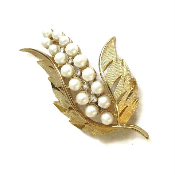 Faux Pearl & Rhinestones Leaf Brooch Vintage - image 3