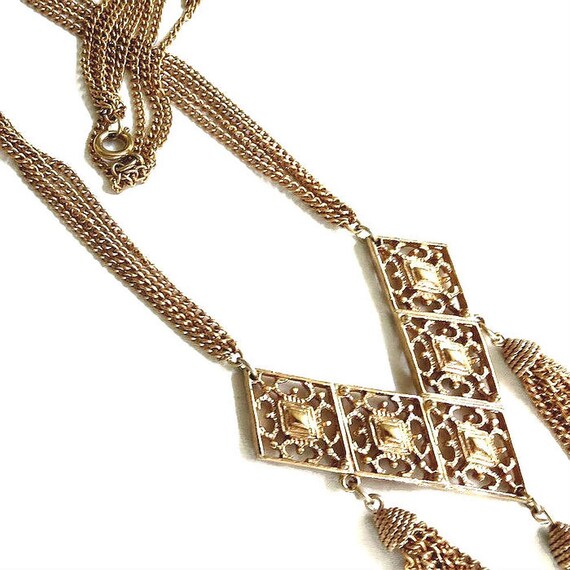 Large Gold Tone Chevron Tassel Pendant Necklace V… - image 8