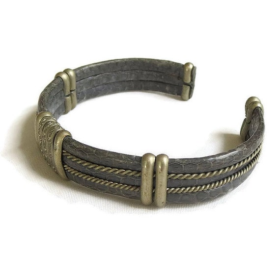 Pewter and Snake Skin Cuff Bracelet Vintage Ethni… - image 2