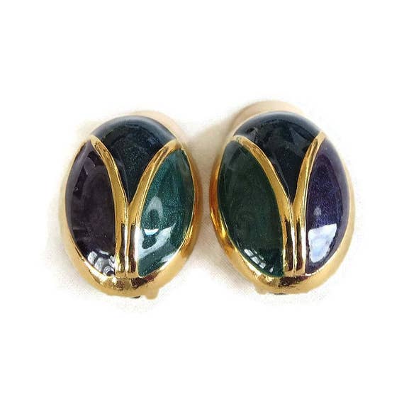 Purple, Blue & Green Poured Enamel Earrings Vinta… - image 1