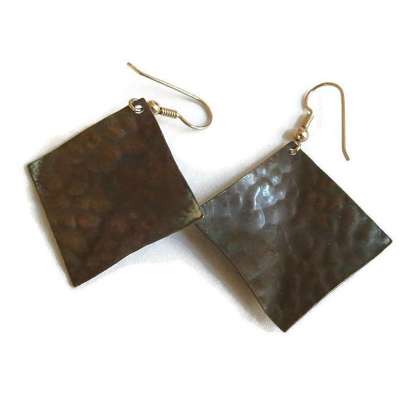 Hammered Copper Dangle Earrings Vintage Square - image 5