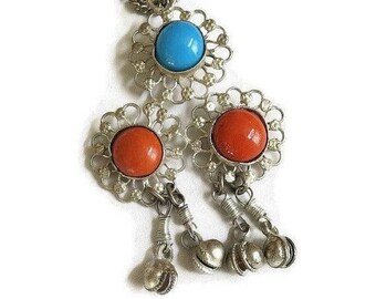 Ethnic Dangle Pendant Necklace Turquoise and Coral Glass Cabochons Vintage