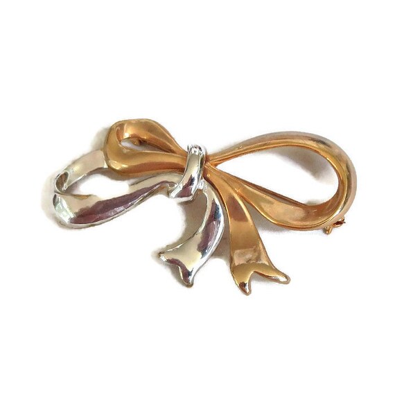 Large Silver and Gold Tone Bow Brooch Vintage - image 4