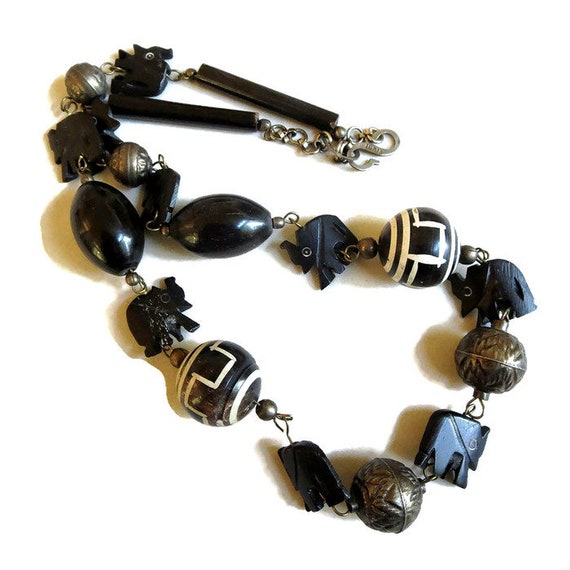 Carved Black Wood Elephant Necklace with Ethnic W… - image 2