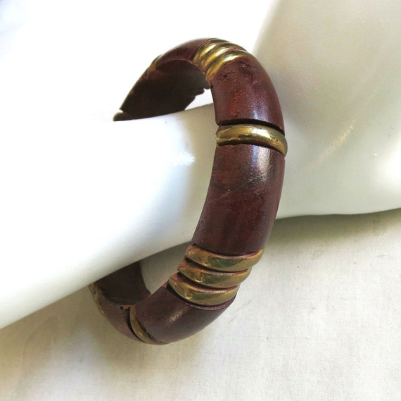 Wood Bangle Bracelet with Brass Insets Vintage Bo… - image 3