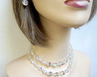 Aurora Borealis Crystal Beads 2 Strand Choker Necklace and Dangle Earrings Set Vintage Wedding Bridal