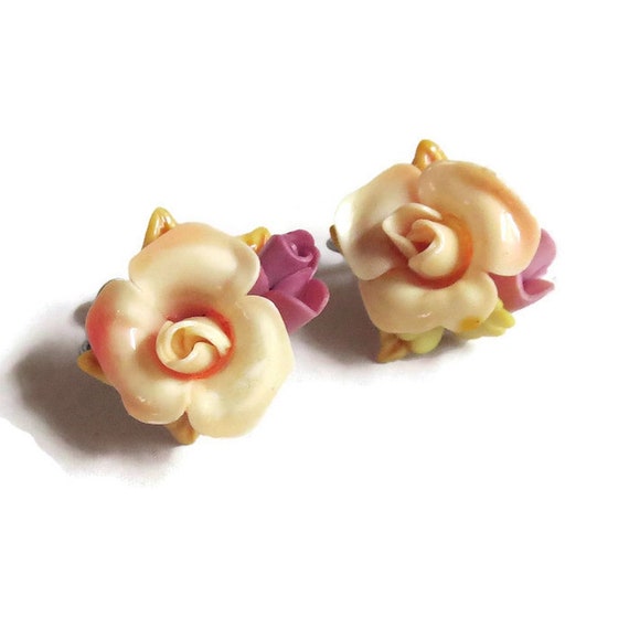 Yellow, Pink and Apricot Molded Plastic Flower Ea… - image 5
