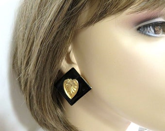 Black Enamel and Gold Tone Leaf Stamped Earrings Vintage