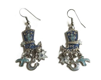 Rockabilly Cowboy Boot Dangle Charm Earrings Vintage Sugar Skull style Enamel