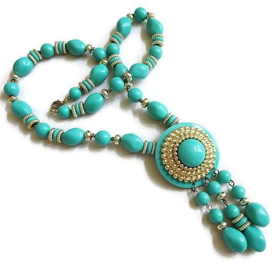 Aqua Blue Pendant Tassel Necklace Vintage Beaded - image 4