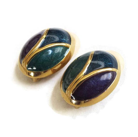 Purple, Blue & Green Poured Enamel Earrings Vinta… - image 3