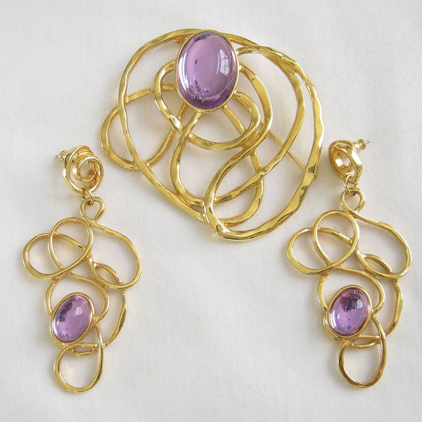 Vintage Gold Tone Abstract and Purple Cabochon Brooch and Dangle Earrings Demi Parure Set