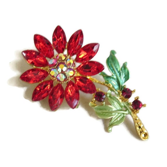 Green Enamel Flower Brooch with Red and Aurora Bo… - image 3