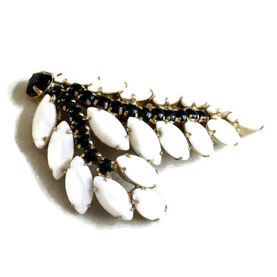 Milk Glass White & Black Rhinestones Leaf Brooch … - image 6