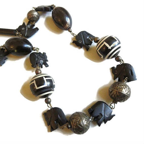 Carved Black Wood Elephant Necklace with Ethnic W… - image 8