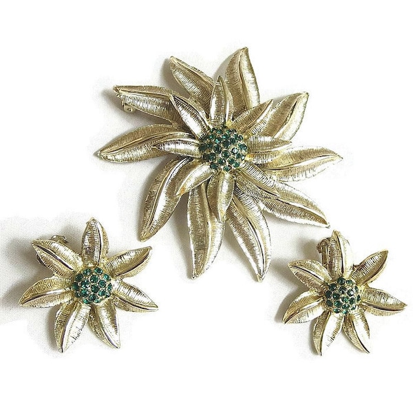 Green Rhinestone Flower Brooch and Earrings Set Vintage Layered