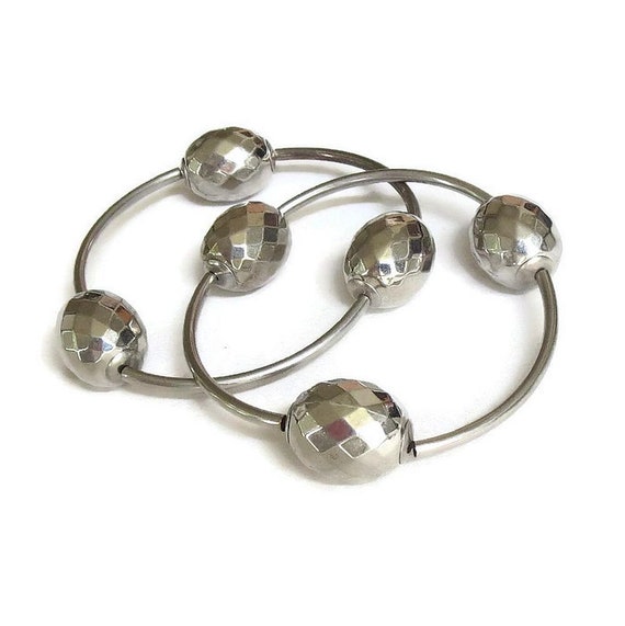 Faceted Silver Tone Metal Ball Beads Bracelets Vi… - image 3