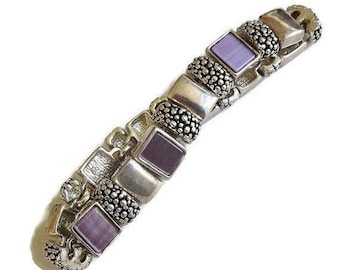 Purple Amethyst Art Glass Bracelet Vintage Textured and Smooth Silver Tone Links
