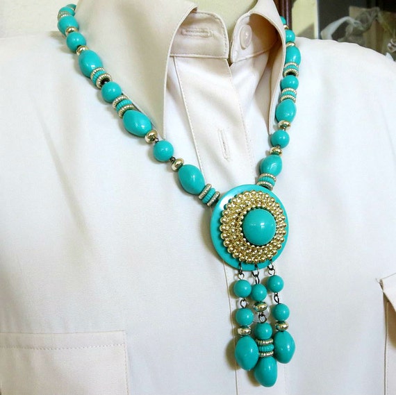 Aqua Blue Pendant Tassel Necklace Vintage Beaded - image 3