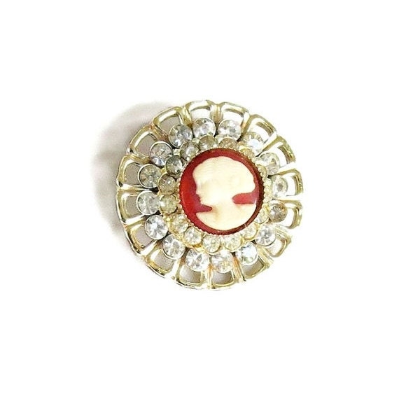 Molded Celluloid & Rhinestone Lady Cameo Brooch V… - image 2