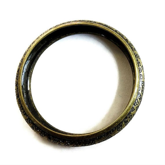 Black Enamel & Burnished Gold Tone Bangle Bracele… - image 5