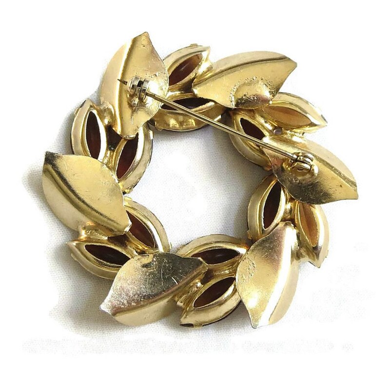 Julier Reed Brooch Juliana Style Rhinestone Circle Brooch Leaf & Amber and Aurora Borealis ...
