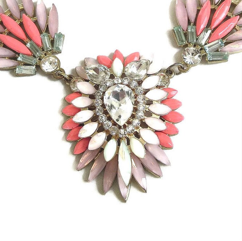Multi-Color Rhinestone Bib Necklace Vintage Large Rainbow of Pastel Colors