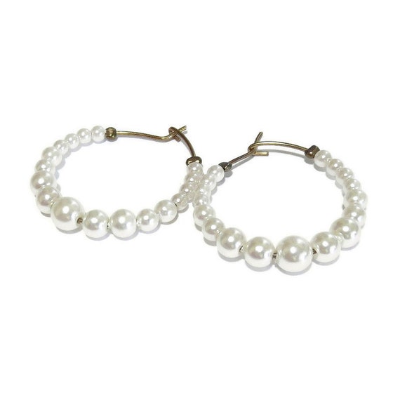 Graduated White Faux Pearl Hoop Pierced Earrings … - image 5