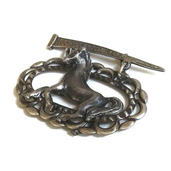 Pewter Dangle Horse Brooch Vintage with Horseshoe… - image 4