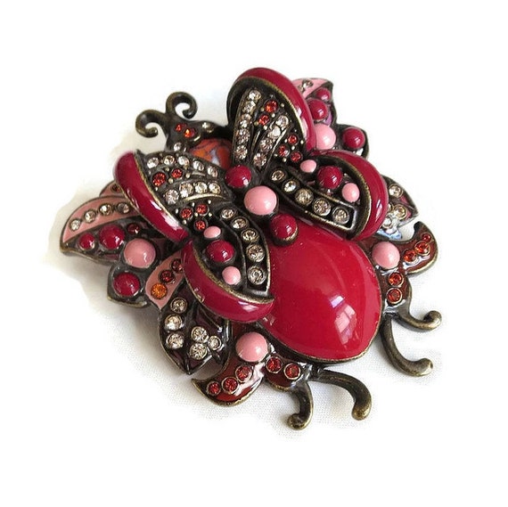 Joan Rivers Large Red & Pink Enamel and Rhinestone