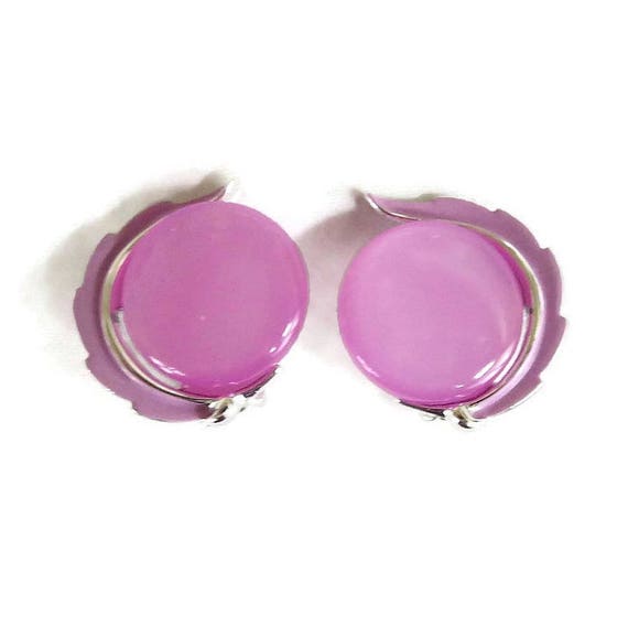 Signed Lisner Pink Enamel & Moonglow Earrings Vin… - image 2