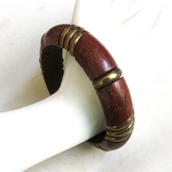 Wood Bangle Bracelet with Brass Insets Vintage Bo… - image 2