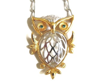 Silver & Gold Tone Openwork Owl Pendant Necklace Vintage