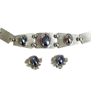 Czech Bracelet & Earrings Set Modernist Black Jet Scarabee Carnival Glass Cabochons Vintage Purple Blue Heliotrope