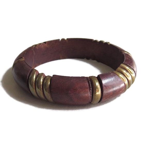 Wood Bangle Bracelet with Brass Insets Vintage Bo… - image 1