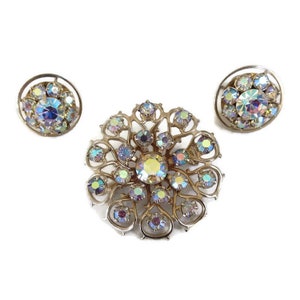 Aurora Borealis Rhinestones Snowflake Brooch and Earrings Set Vintage 1950’s