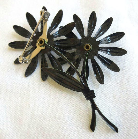 Double Daisy Flower Power Brooch Vintage Gray, Bl… - image 5